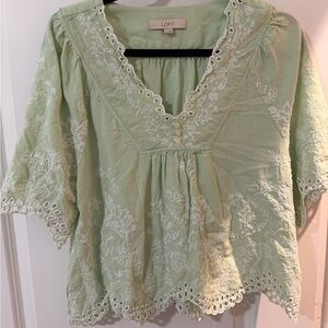 LOFT Mint Green Blouse with White Embroidery